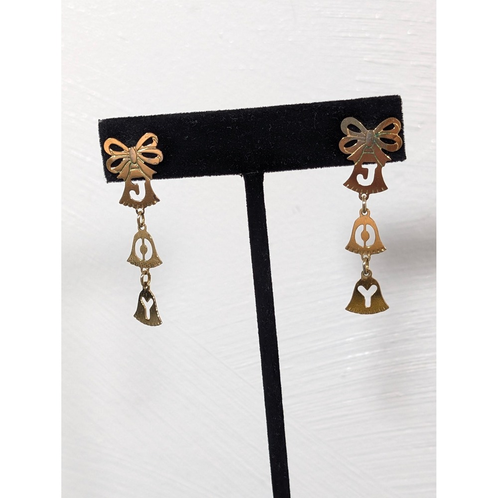 Vintage Avon JOY Gold Tone Bell Bow Dangle Pierced Earrings Christmas